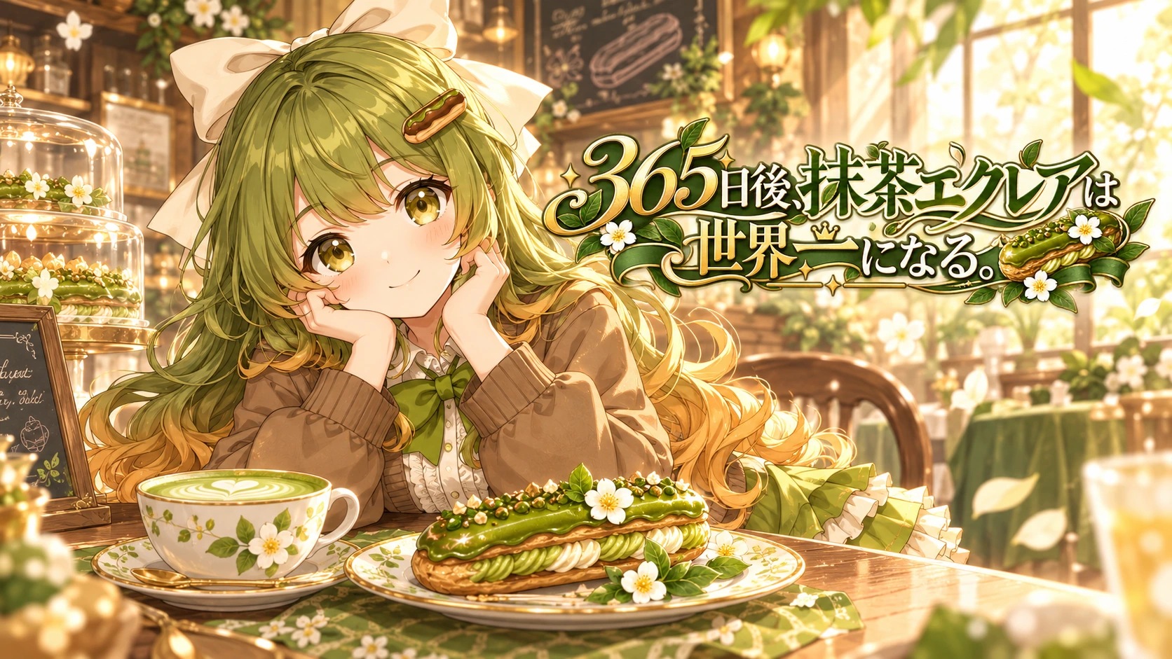 カフェで頬杖をつく抹茶エクレアちゃんと『365日後、抹茶エクレアは世界一になる。』のタイトル